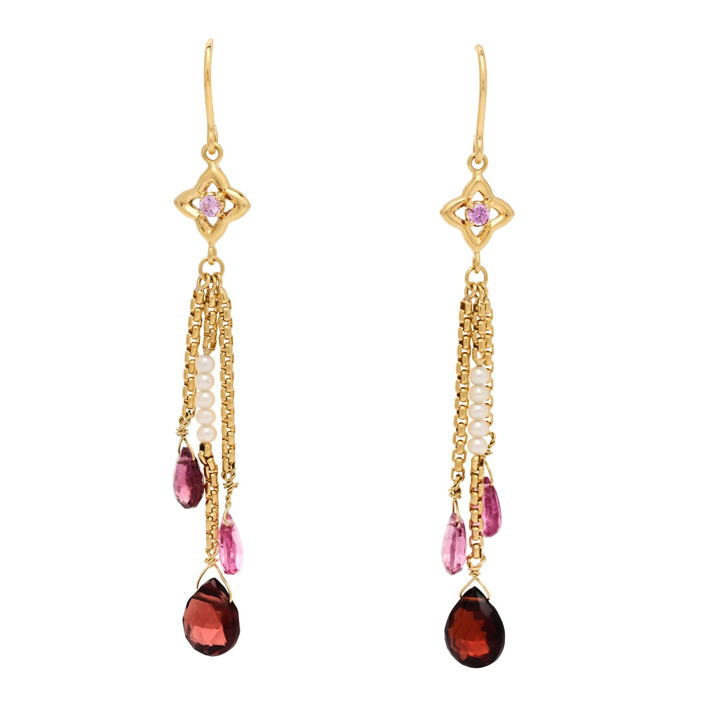 18K Yellow Gold Garnet Pink Sapphire Pink Tourmaline Cultured Pearl Quatrafoil Chain Drop Earrings