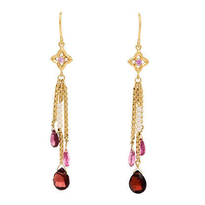 David Yurman 18K Yellow Gold Garnet Pink Sapphire Pink Tourmaline Cultured Pearl Quatrafoil Chain Drop Earrings 1 of 5
