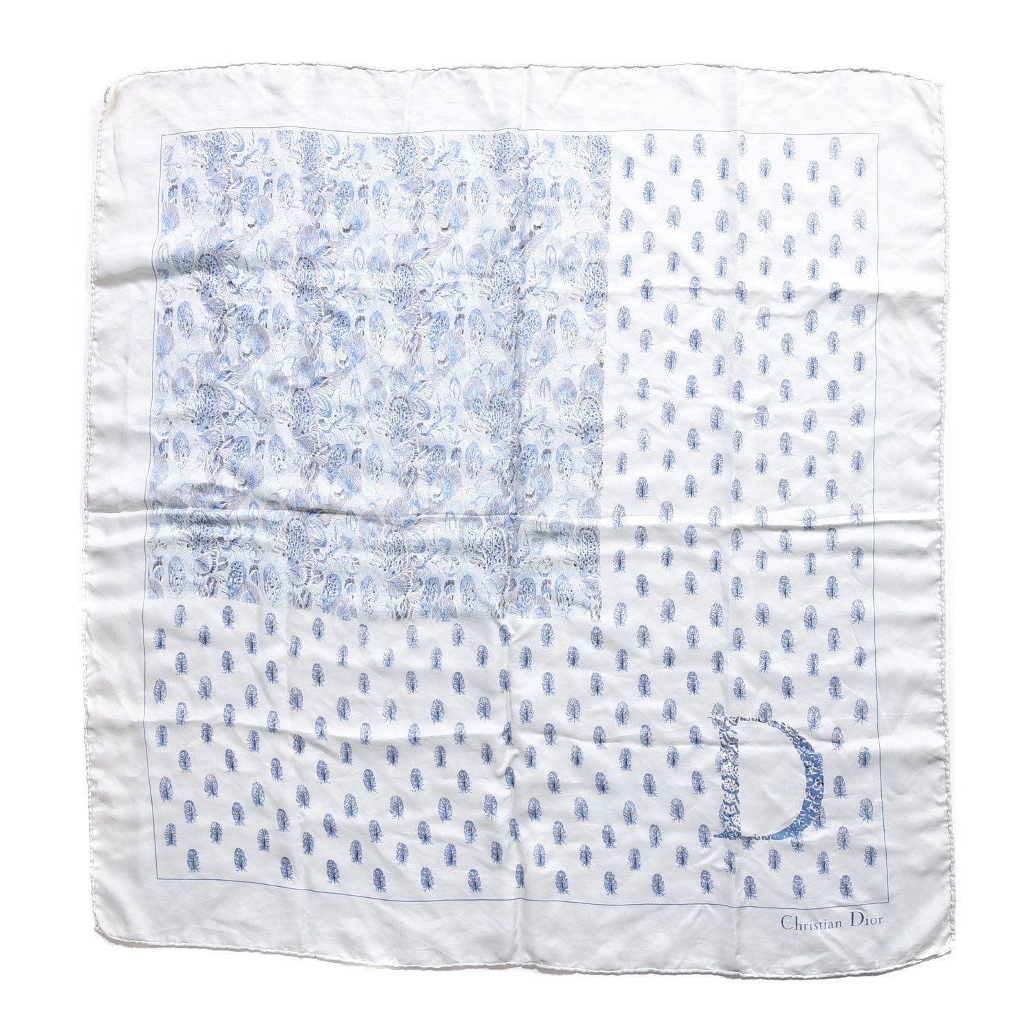 Christian Dior Silk Feathers Square Scarf White Blue 1 of 3