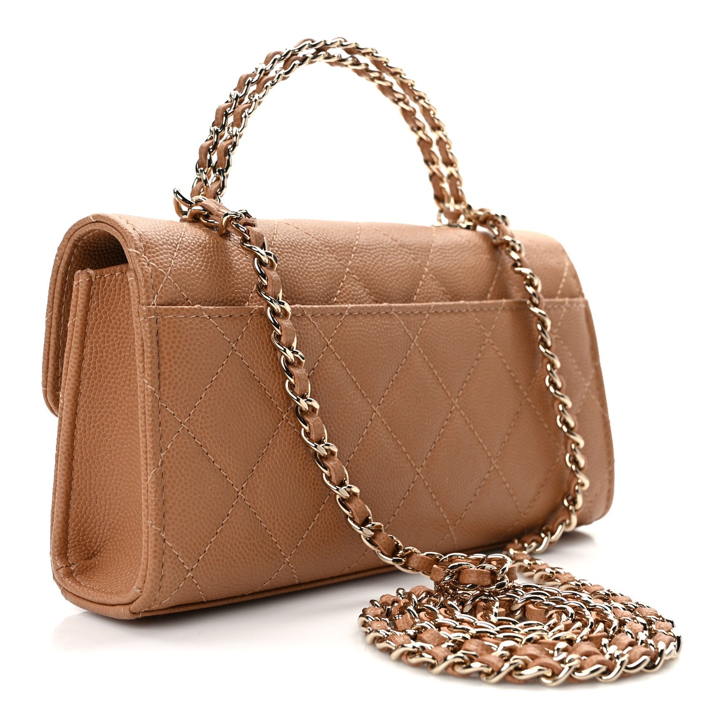 Caviar Quilted Chain Match Top Handle Phone Holder With Chain Beige