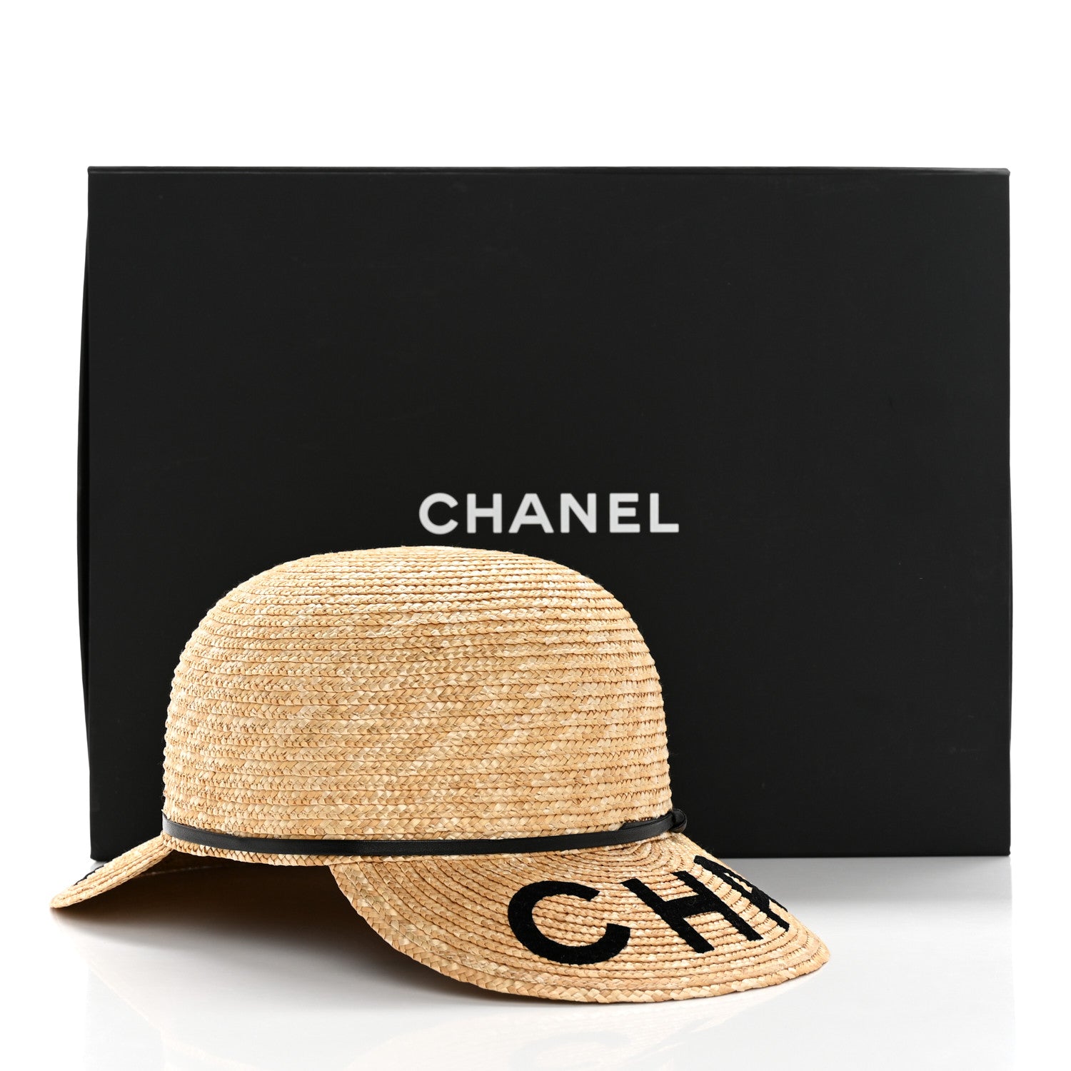 Chanel Straw Calfskin Logo Visor Hat M Natural Black 1357195