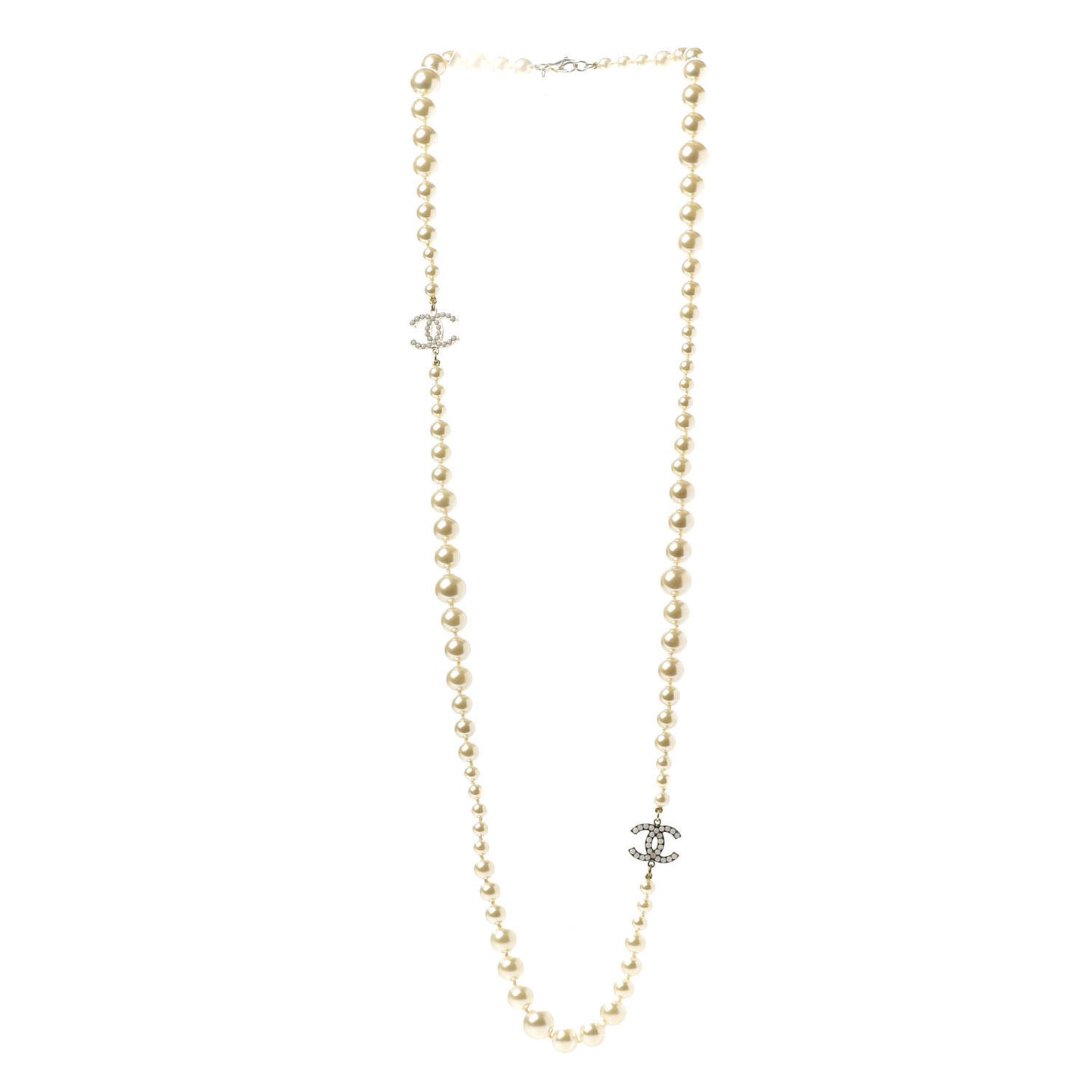 Graduated Pearl CC Long Necklace Light Gold