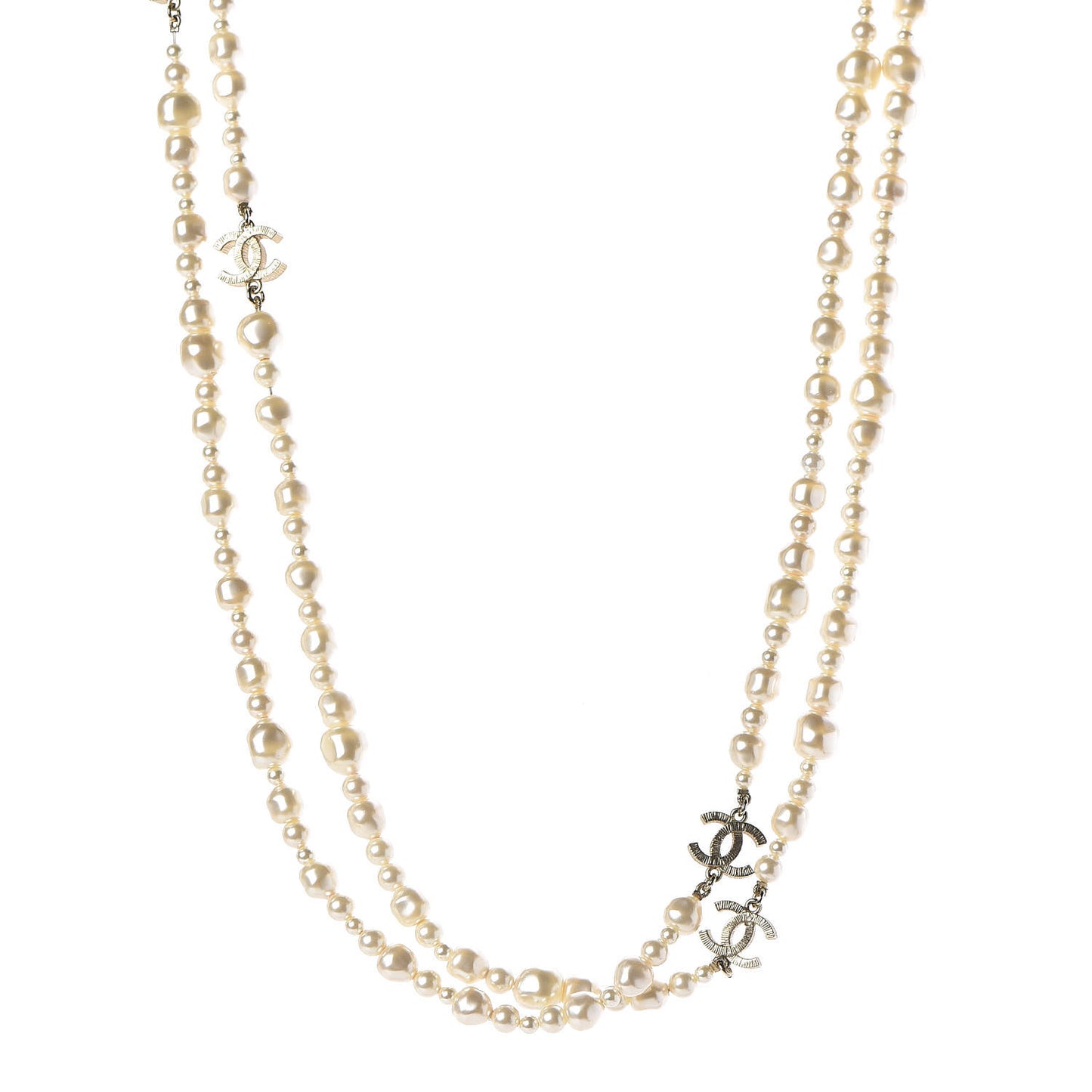 Graduated Pearl CC Long Necklace Light Gold