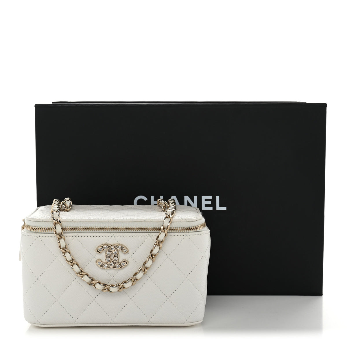 Chanel Caviar Quilted Crystal Hearts Small Vanity Case With Chain White 11 of 11