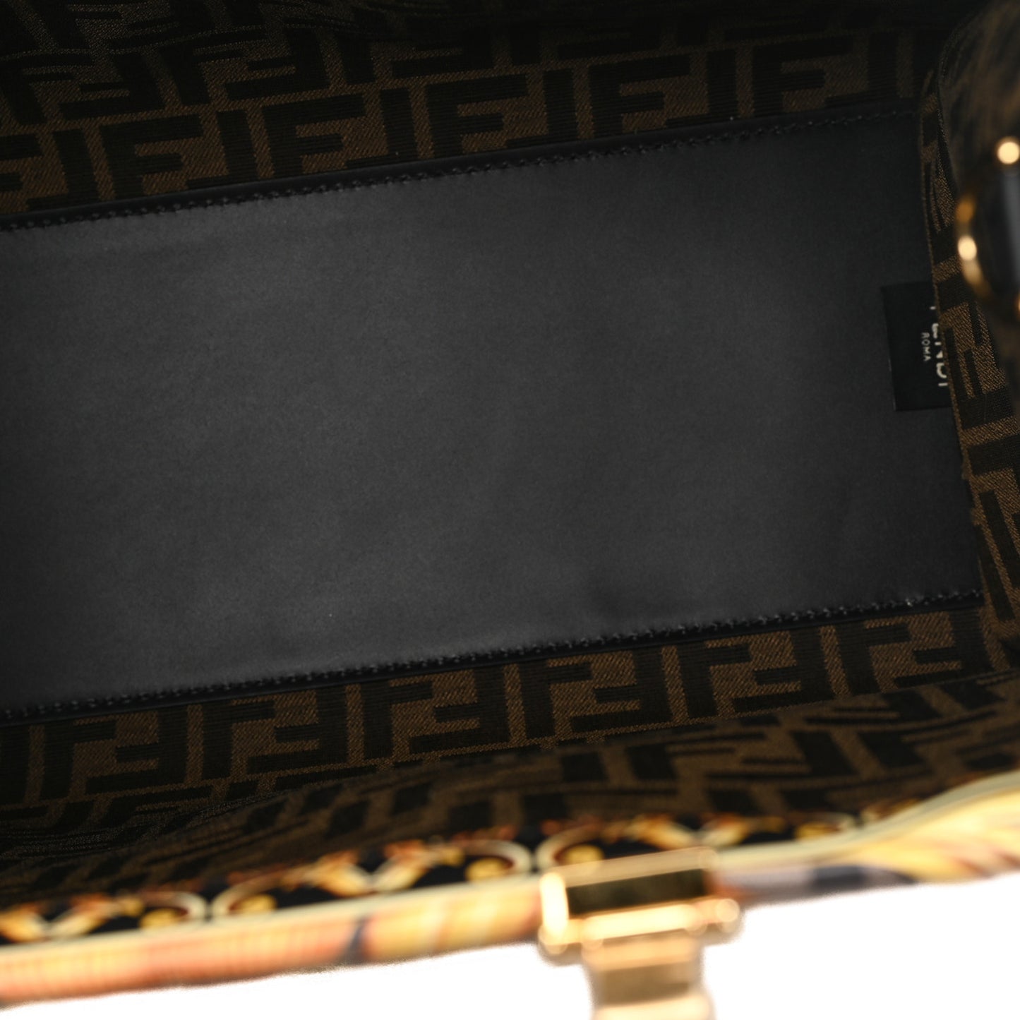 X VERSACE Calfskin Plexiglass Fendace FF Baroque Print Medium Fendi Sunshine Shopper Tote Black Gold