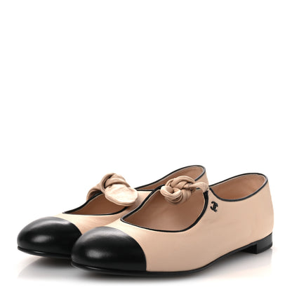 Chanel Lambskin Bow Mary Jane Flats 40 Beige Black 4 of 12