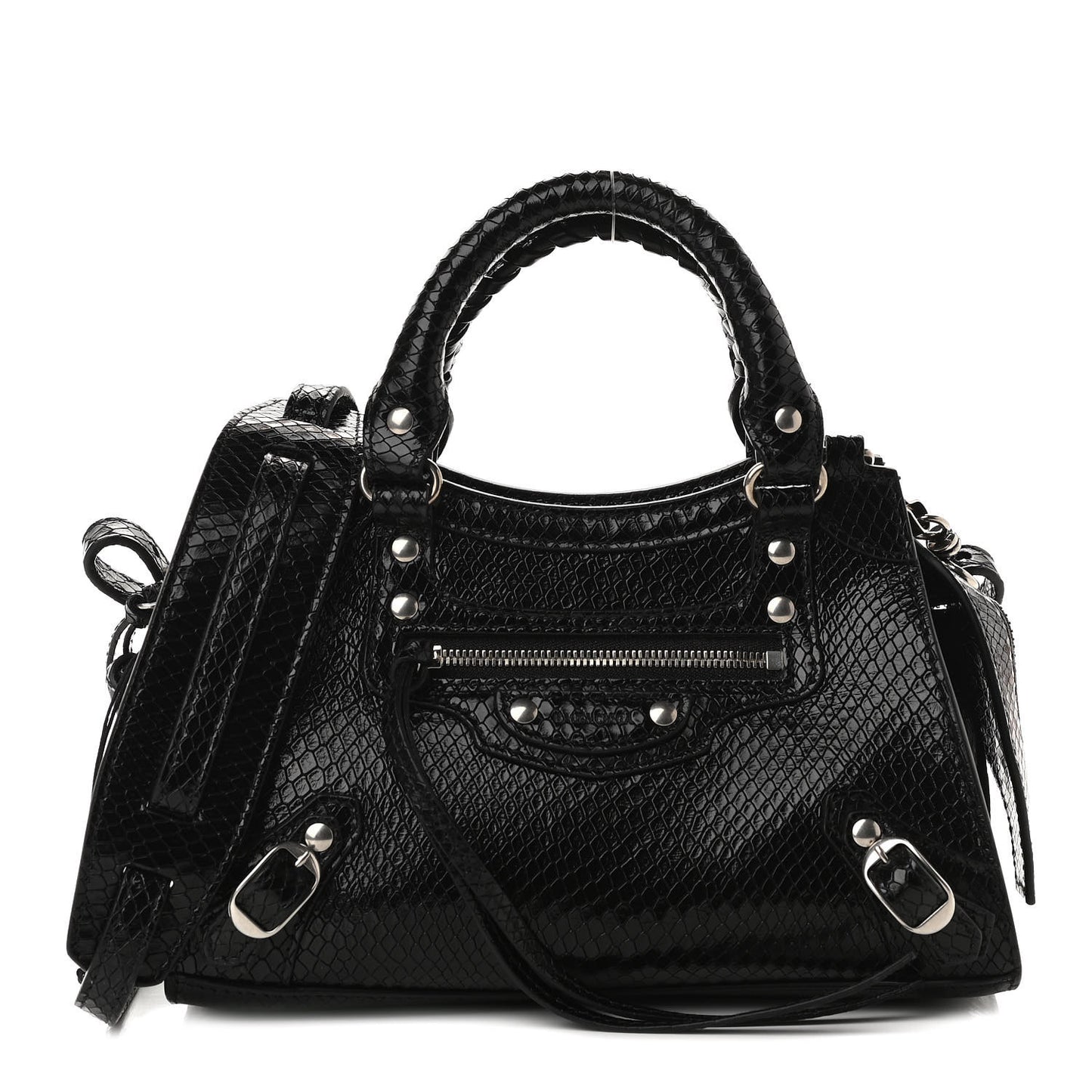 Grained Calfskin Snake Effect Silver Hardware Neo Classic Mini City Black