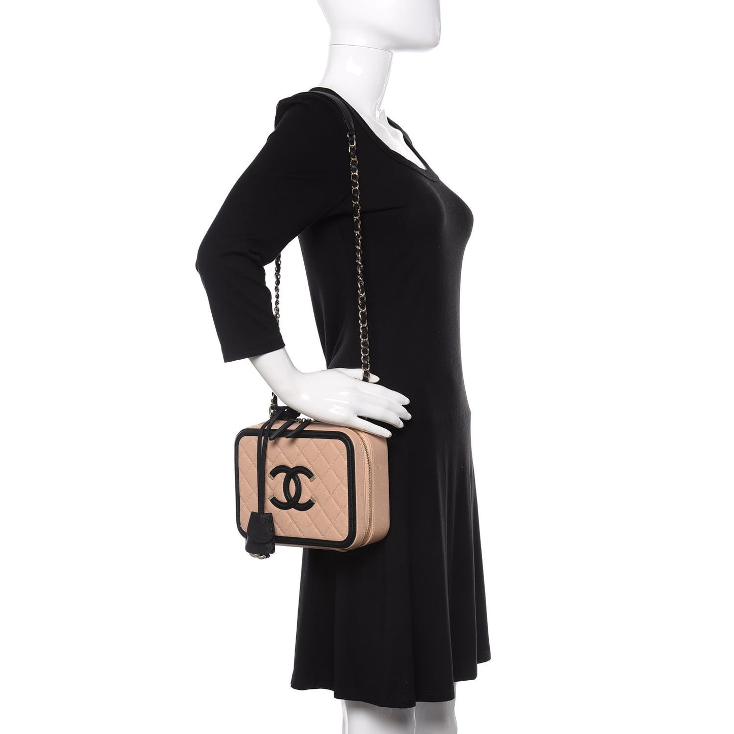 Caviar Quilted Medium CC Filigree Vanity Case Beige Black
