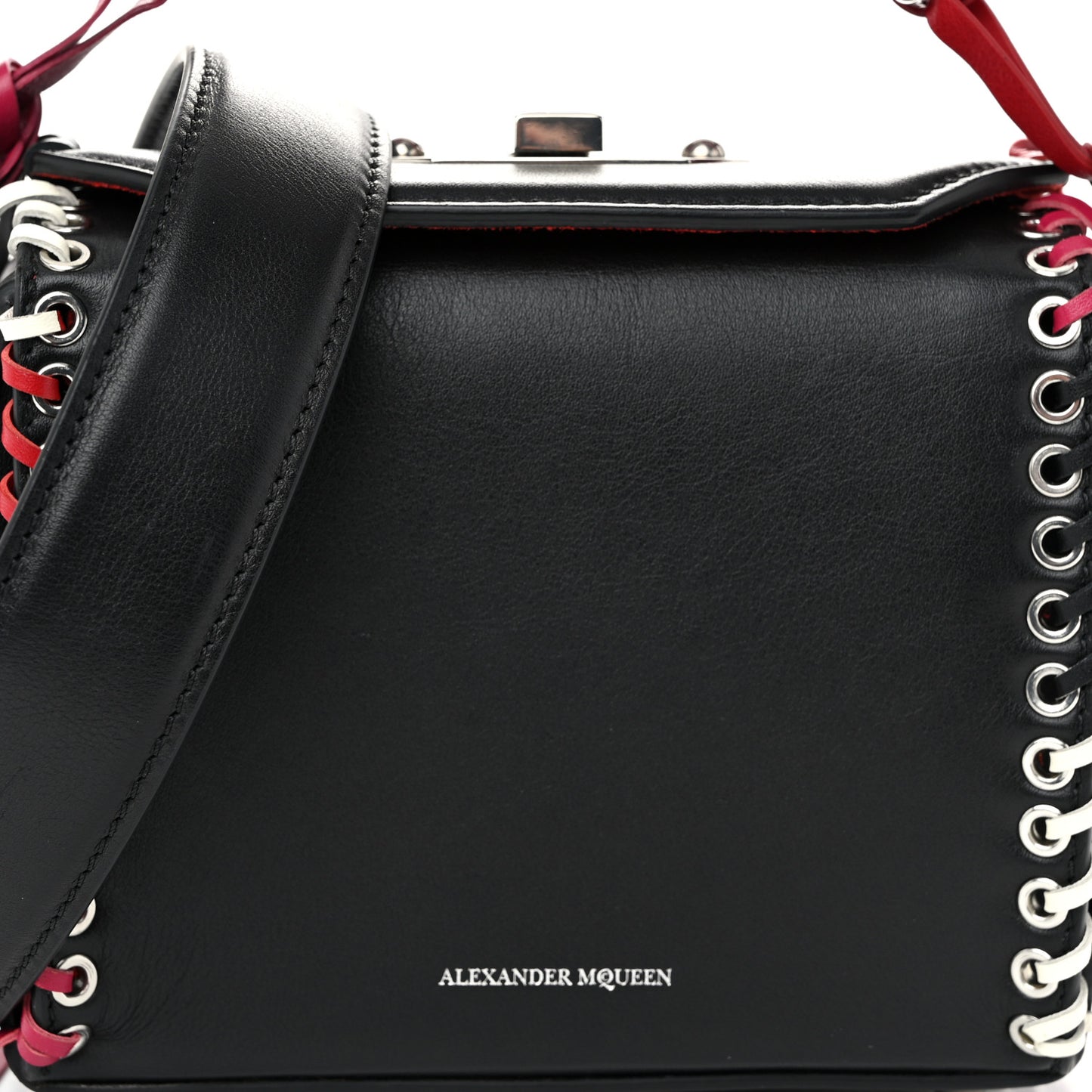 Calfskin Whipstitch Box Shoulder Bag 19  Black Red