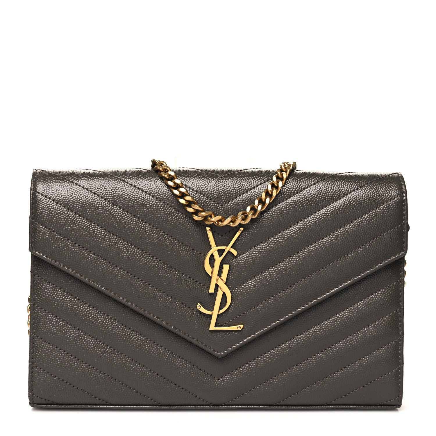 Saint Laurent Grain De Poudre Matelasse Chevron Monogram Chain Wallet Oyster Grey 1 of 9