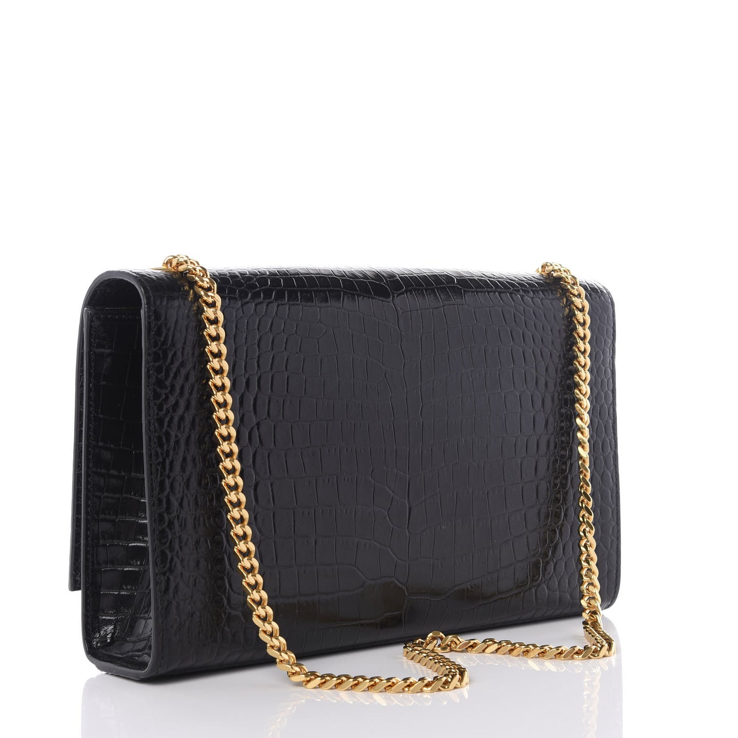 Calfskin Crocodile Embossed Medium Classic Monogram Kate Tassel Satchel Black