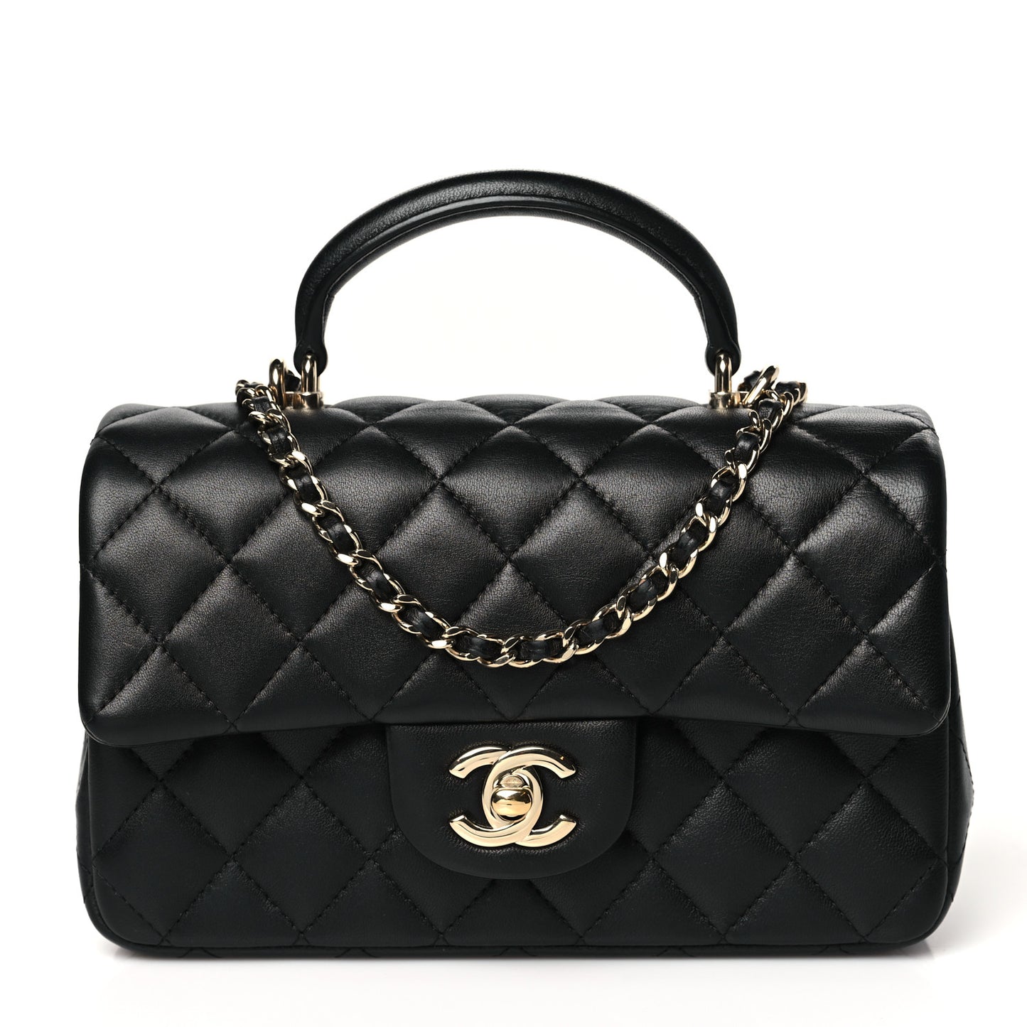 Lambskin Quilted Mini Top Handle Rectangular Flap Black