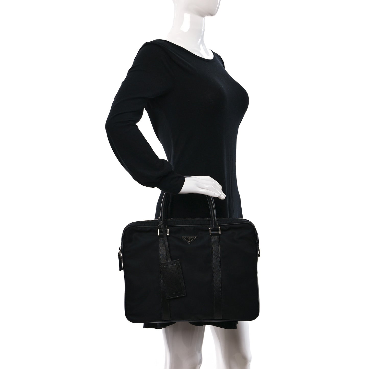 Tessuto Nylon Saffiano Metal Triangle Logo Work Bag Black