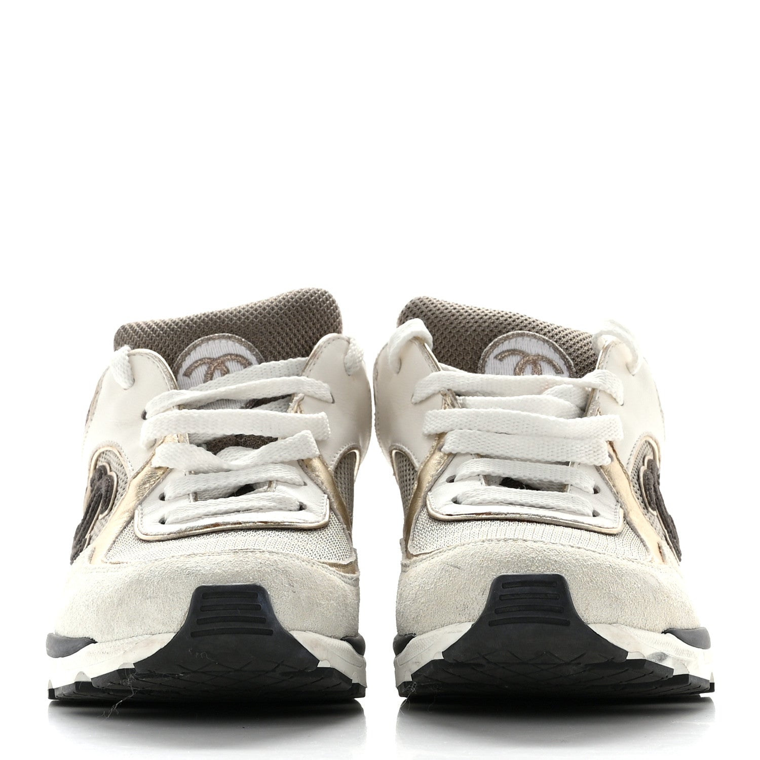 Chanel Mesh Suede Calfskin Womens CC Sneakers 36.5 White Black Beige Gold 2 of 15