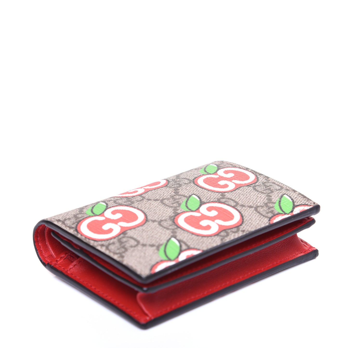 GG Supreme Monogram Apple Card Case Wallet Beige Multicolor Lobster Red