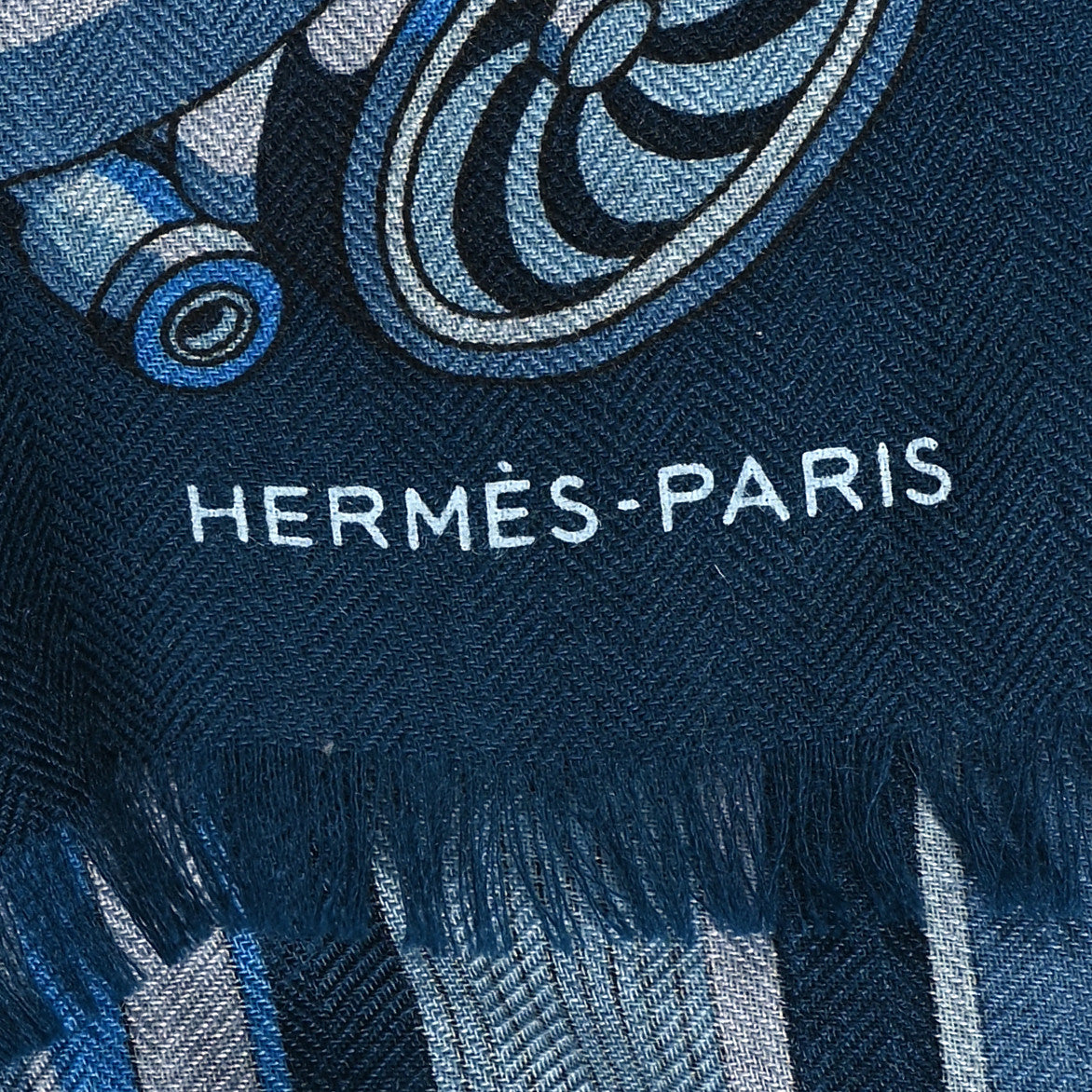 Hermes Cashmere Silk 600 Chevaux Rectangle Scarf Marine Gris Chine