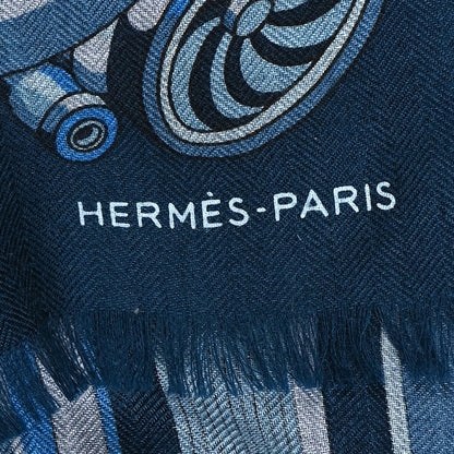 Hermes Cashmere Silk 600 Chevaux Rectangle Scarf Marine Gris Chine 3 of 7