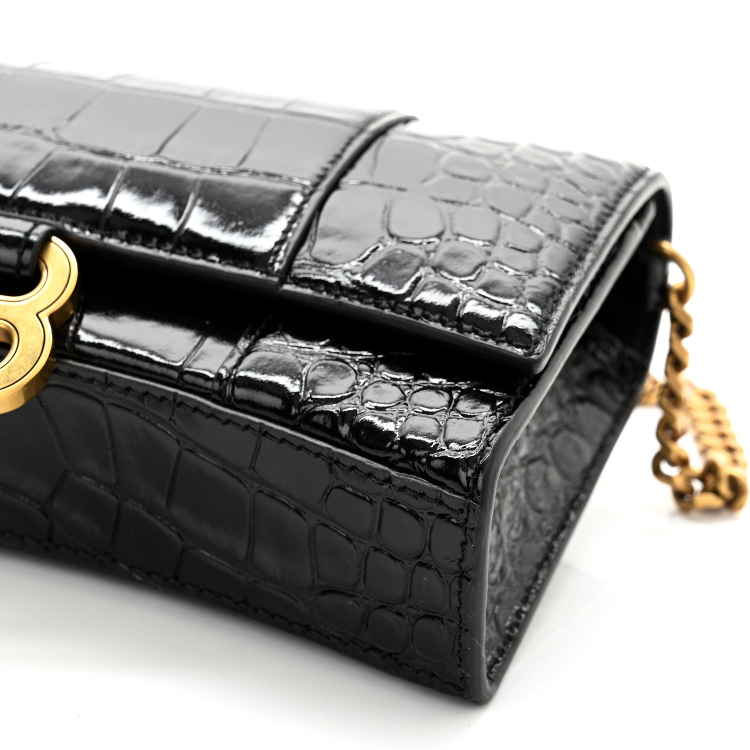 Balenciaga Shiny Calfskin Crocodile Embossed Hourglass Chain Bag Black 8 of 9