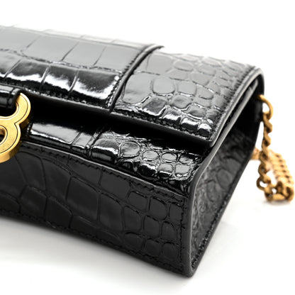 Balenciaga Shiny Calfskin Crocodile Embossed Hourglass Chain Bag Black 8 of 9