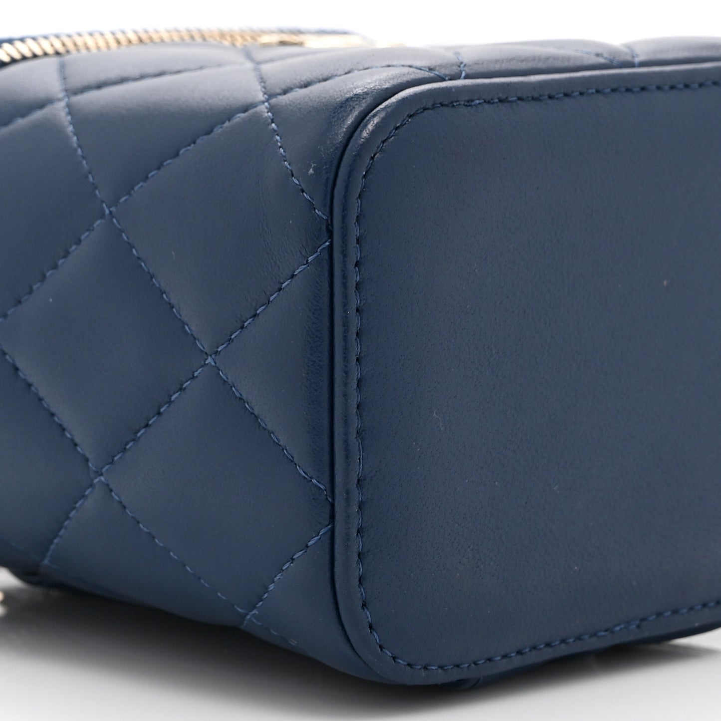 Lambskin Quilted Top Handle Mini Vanity Case With Chain Blue