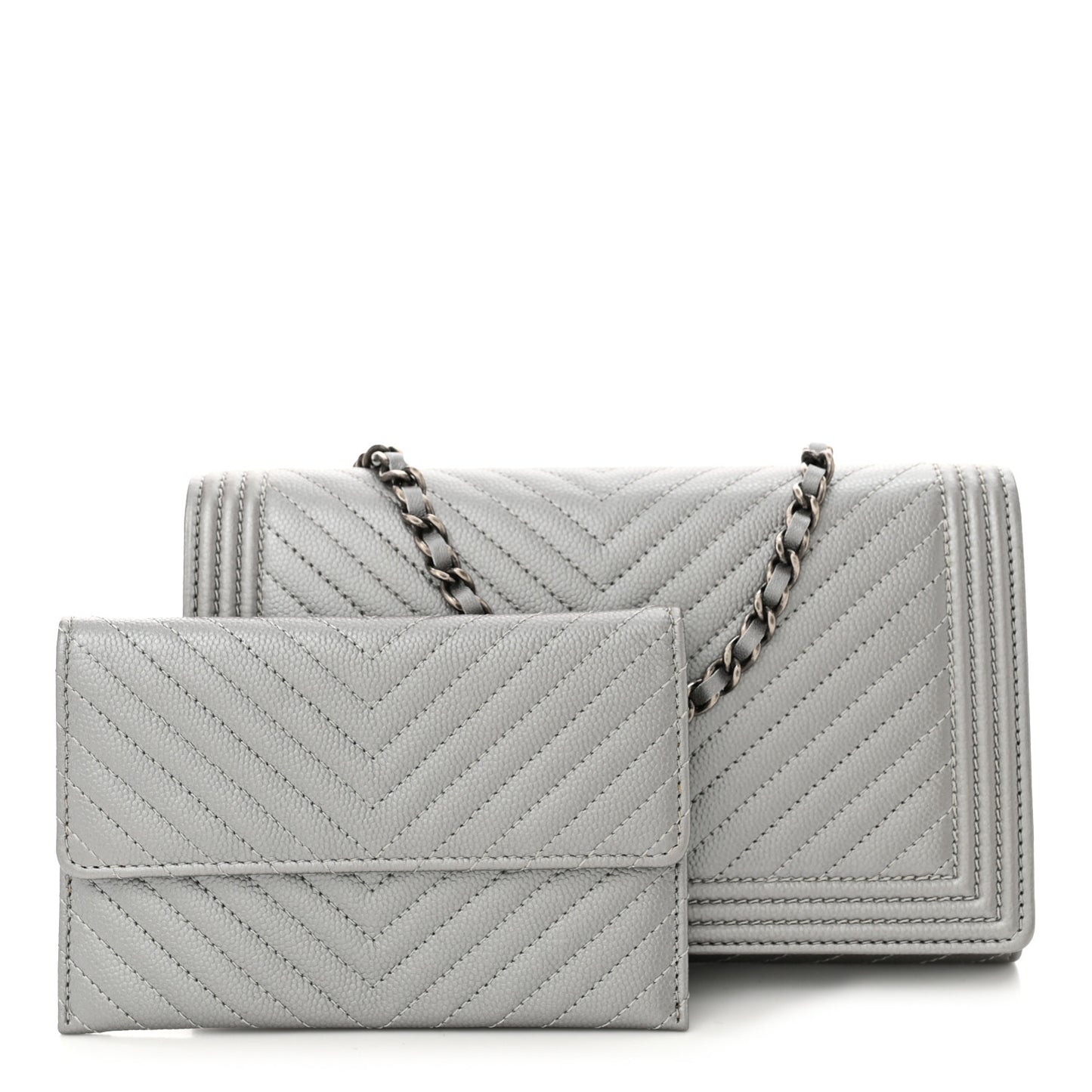 Metallic Caviar Chevron Quilted Boy Wallet On Removable Chain WOC Silver