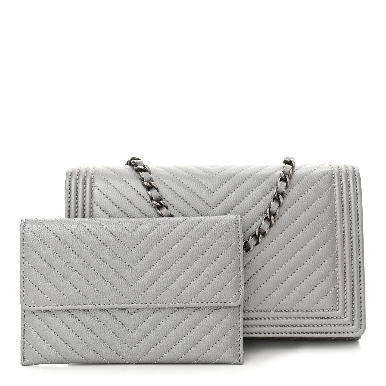 Chanel Metallic Caviar Chevron Quilted Boy Wallet On Removable Chain WOC Silver 3 of 12