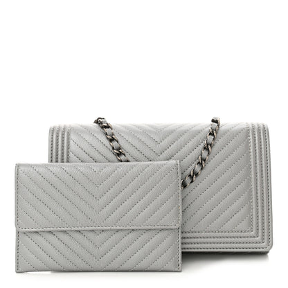Chanel Metallic Caviar Chevron Quilted Boy Wallet On Removable Chain WOC Silver 3 of 12