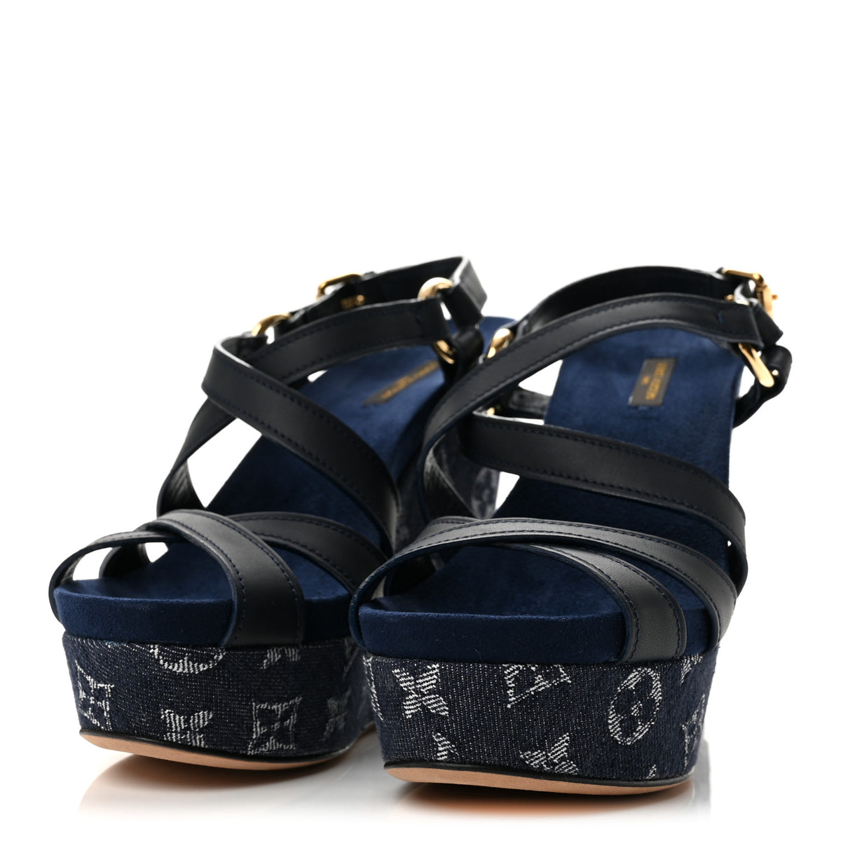 Calfskin Monogram Denim Ocean Wedge Sandals 38.5 Blue