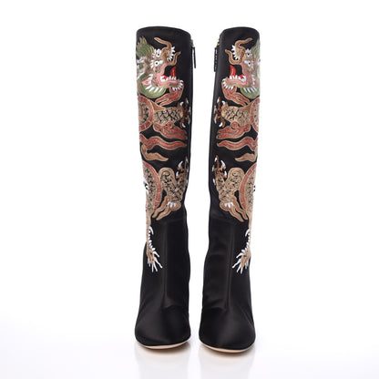 Gucci Silk Satin Malaga Kid Embroidered Candy Dragon Block-Heel Knee Boot 39 Black 4 of 14