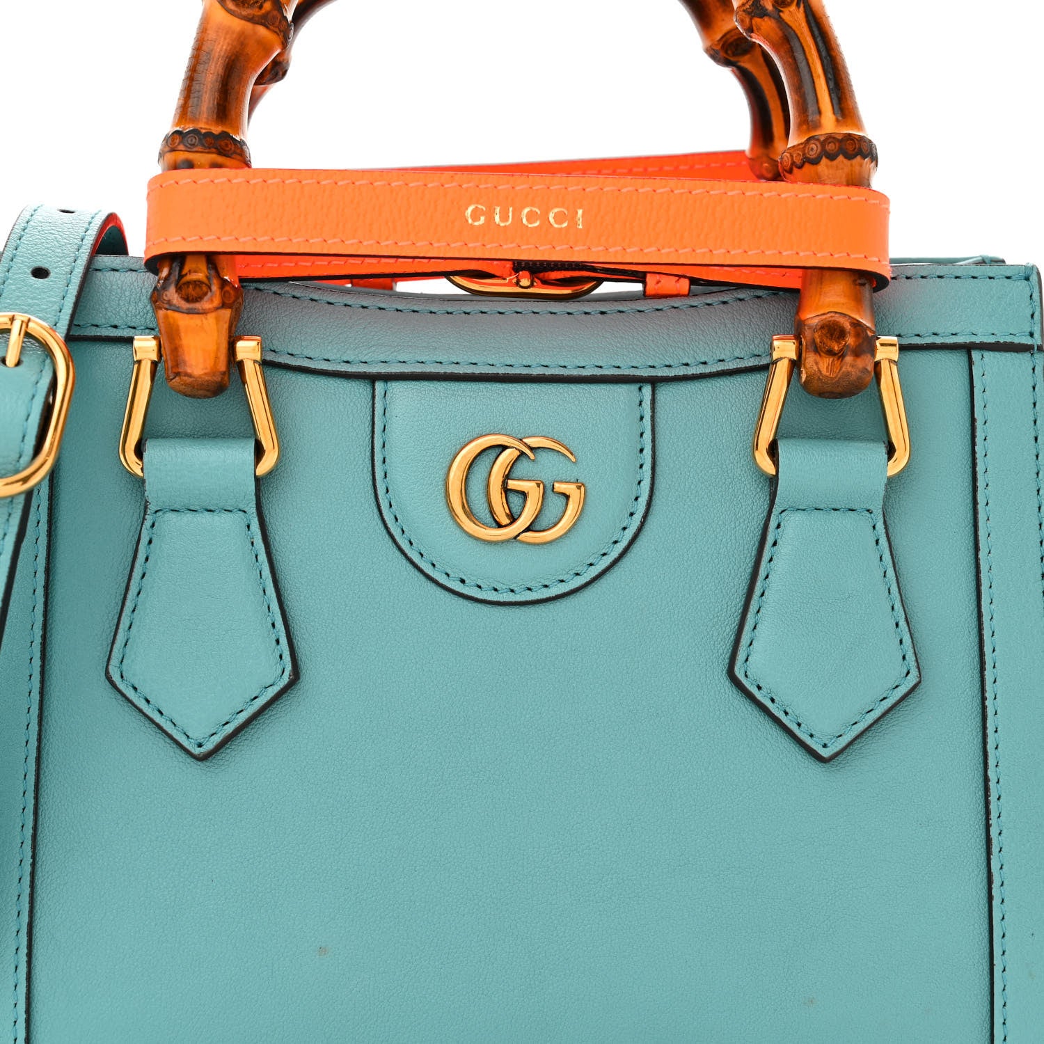 Gucci Wonka Grain Calfskin Mini Diana Tote Bag Dusty Azure Orange Fluo 8 of 10