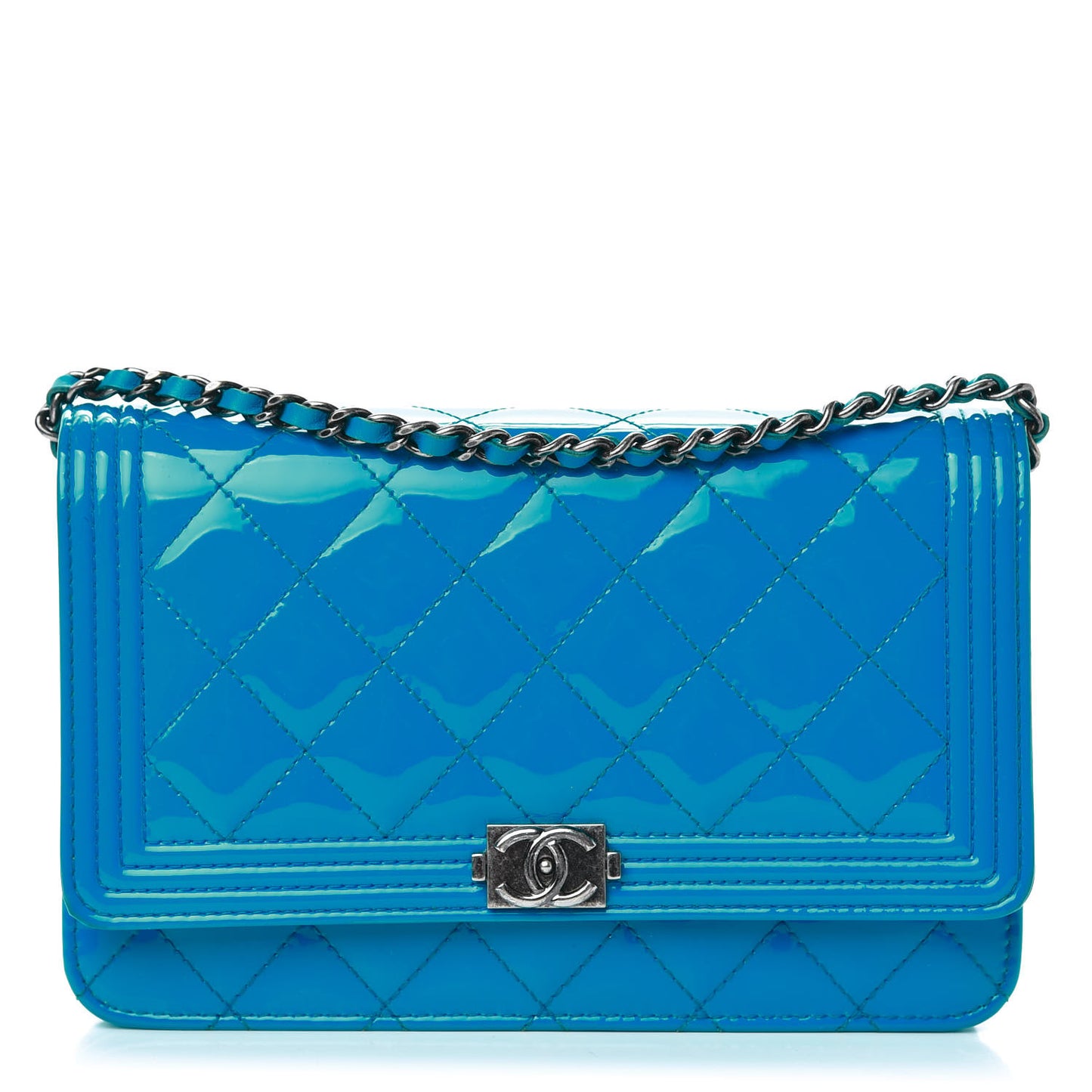 Patent Calfskin Quilted Boy Wallet On Chain WOC Blue
