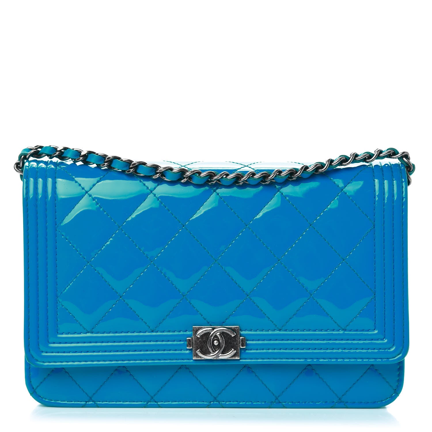Chanel Patent Calfskin Quilted Boy Wallet On Chain WOC Blue 1 of 12
