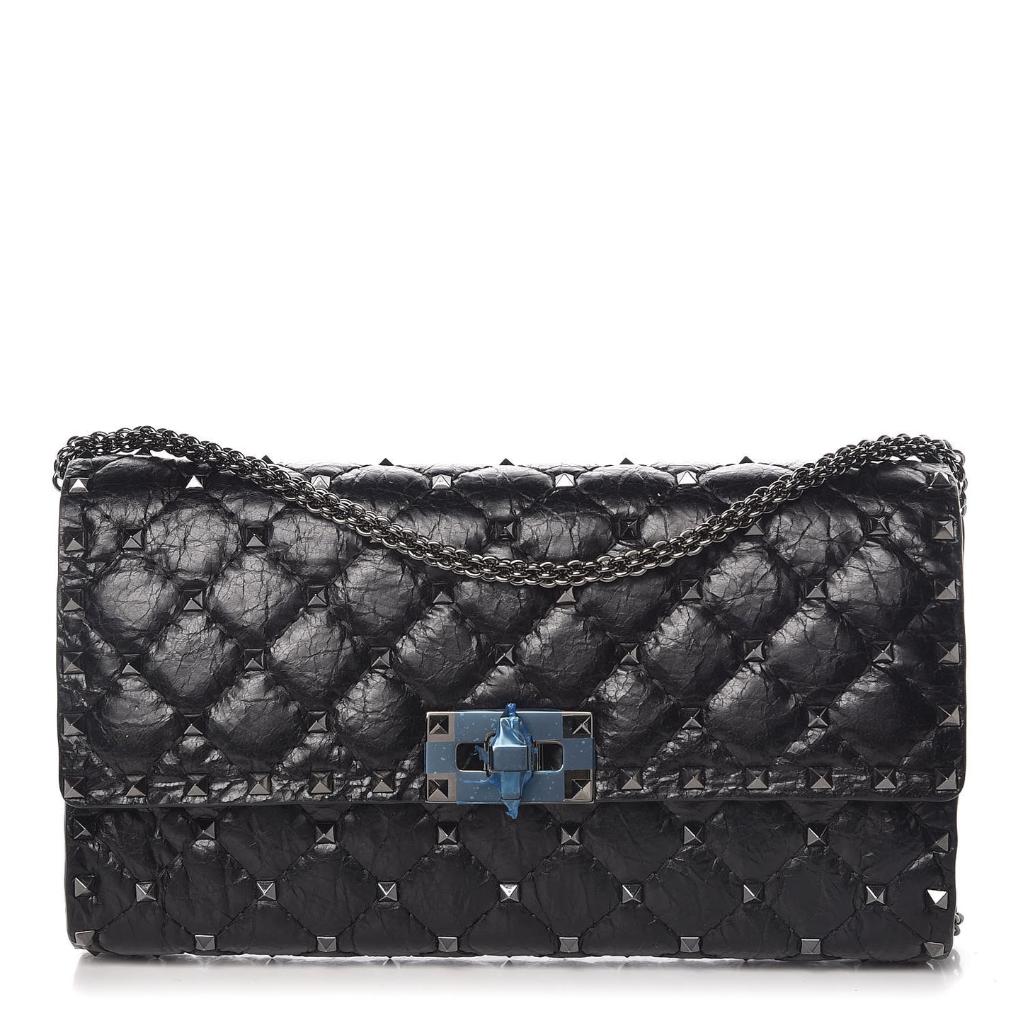 Craquele Nappa Rockstud Spike Wallet on Chain Black