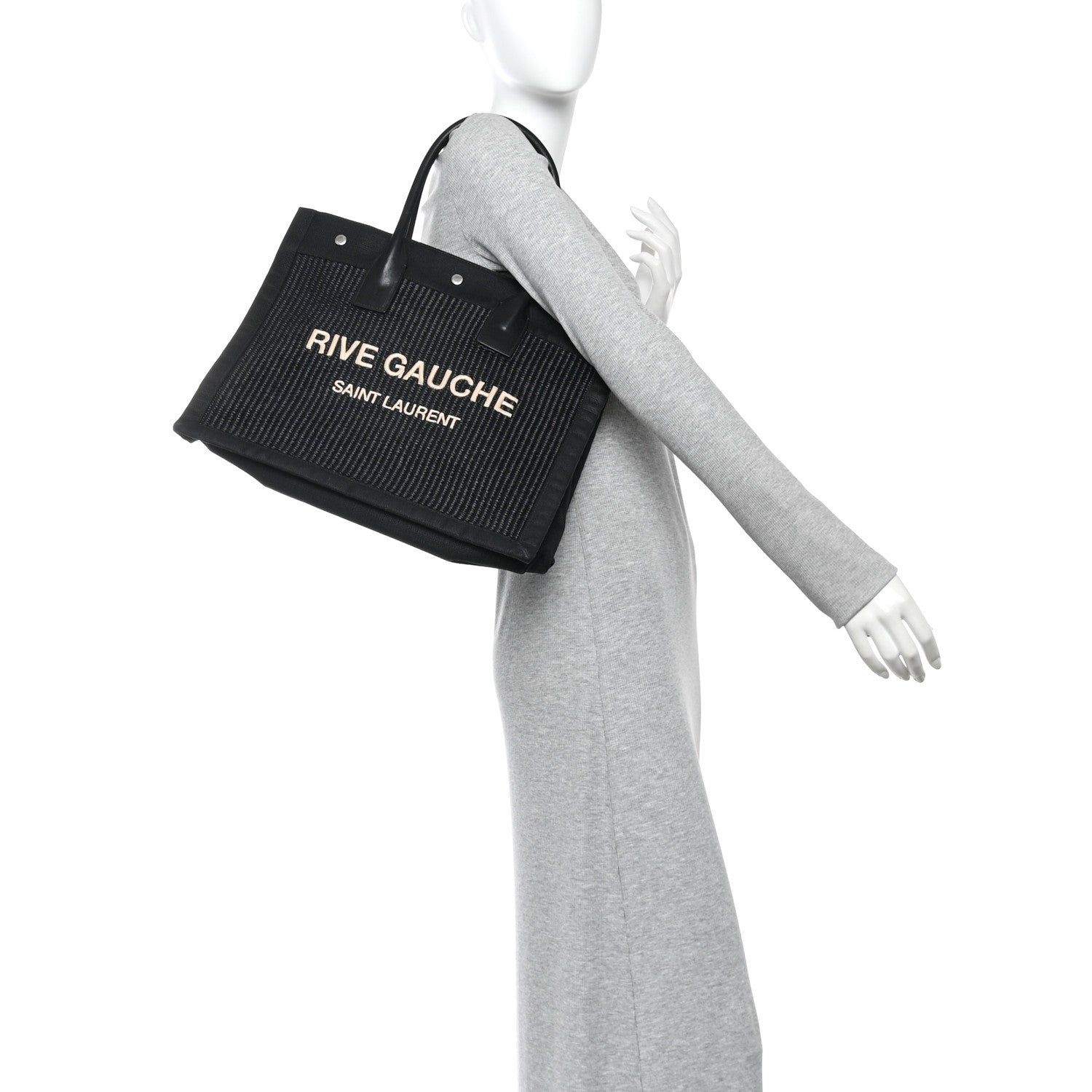Saint Laurent Raffia Linen Calfskin Small Rive Gauche Tote Black 2 of 14