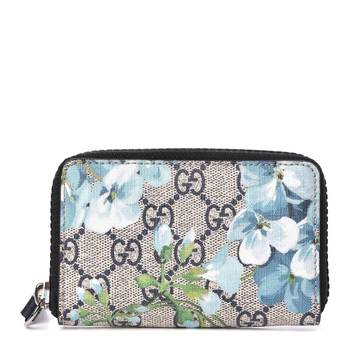 GG Supreme Monogram Blooms Zip Around Card Case Wallet Beige Blue Navy