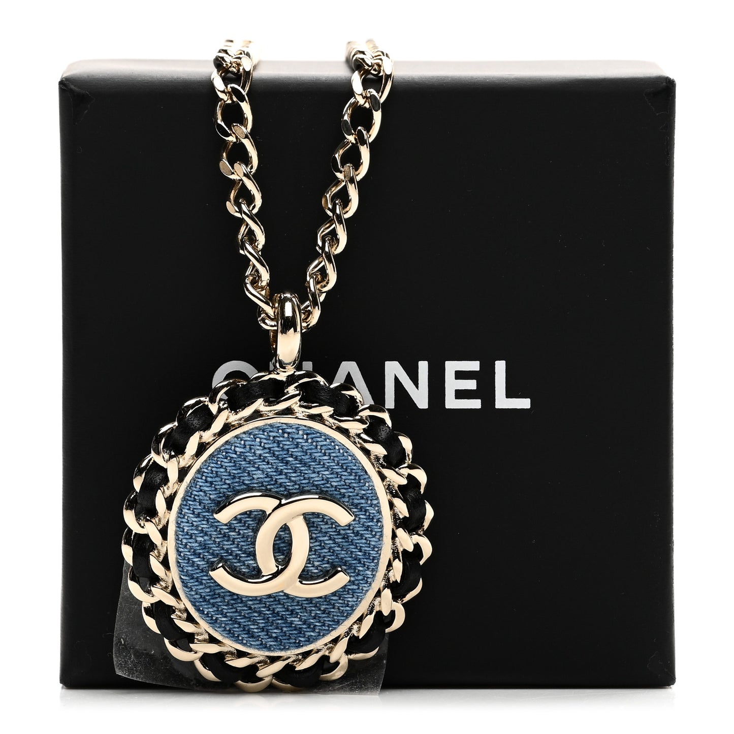 Denim CC Pendant Necklace Gold Blue Black