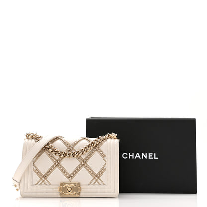 Chanel Calfskin Quilted Medium Chain Embellished Boy Flap White 14 of 14