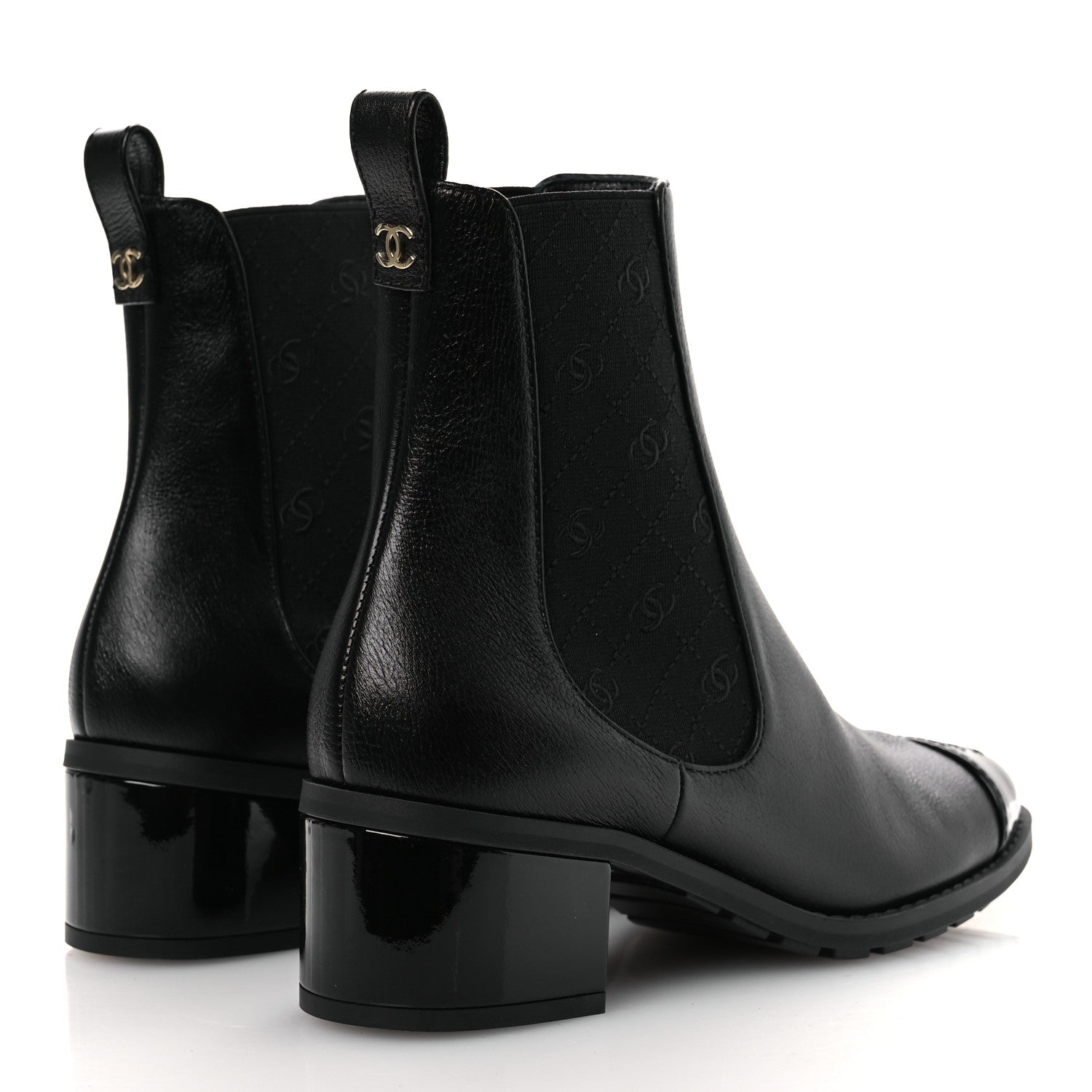 Chanel Shiny Grained Calfskin Patent Cap Toe Interlocking CC Short Boots 37.5 Black 5 of 12