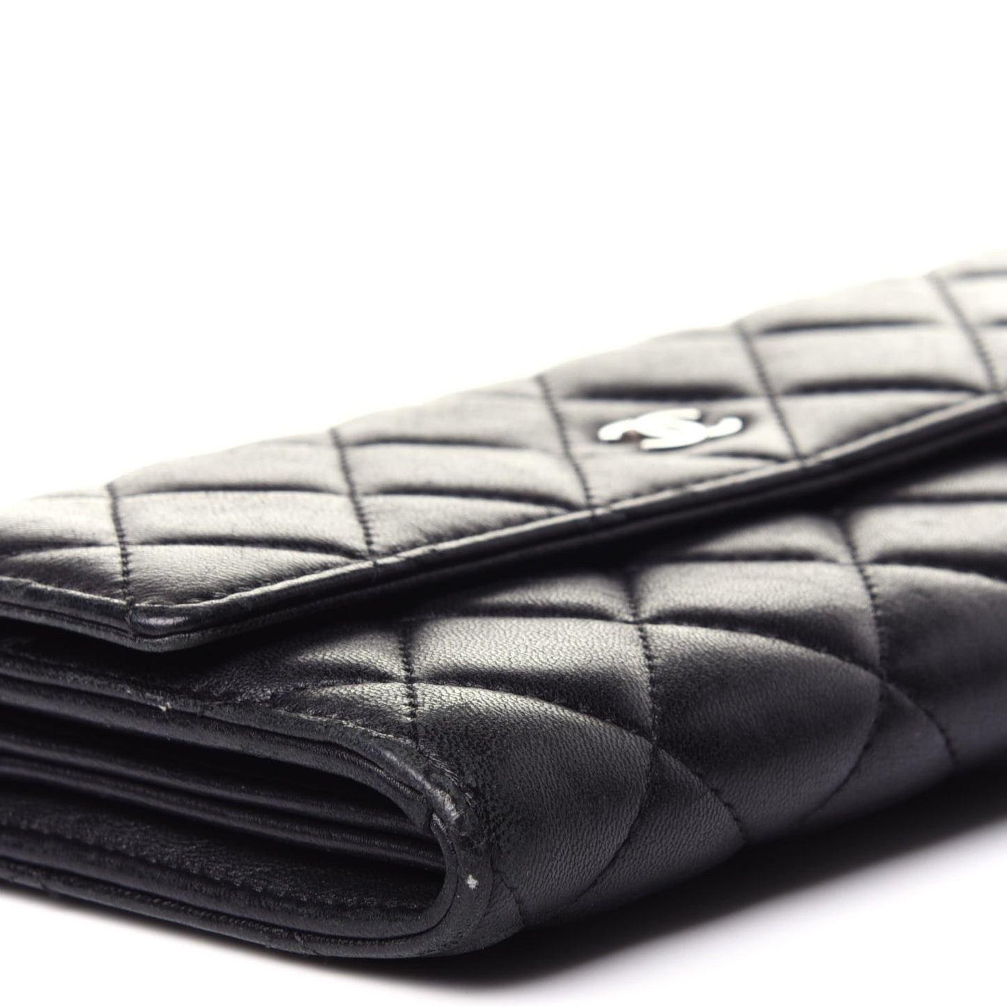 Lambskin Quilted Large Gusset Flap Wallet Black