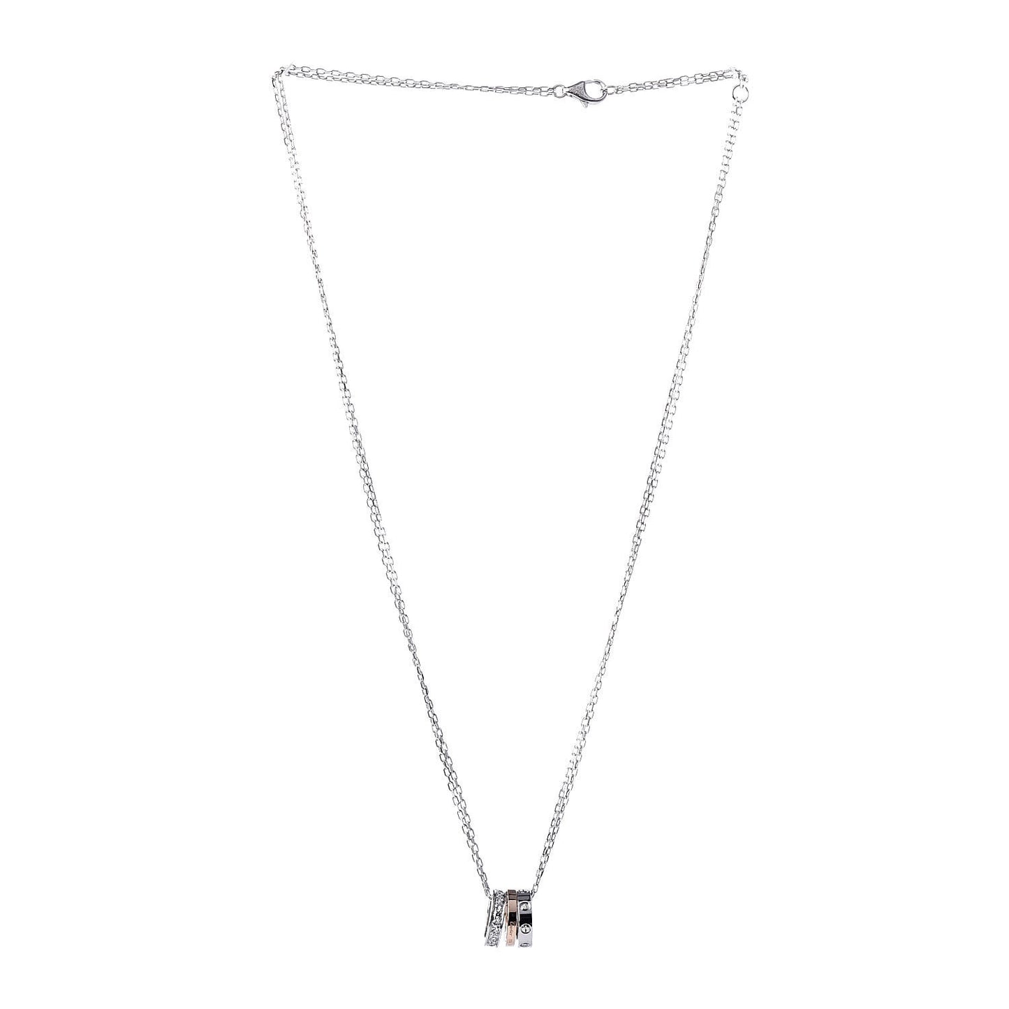18K White Pink Gold Diamond Three Ring LOVE Pendant Necklace