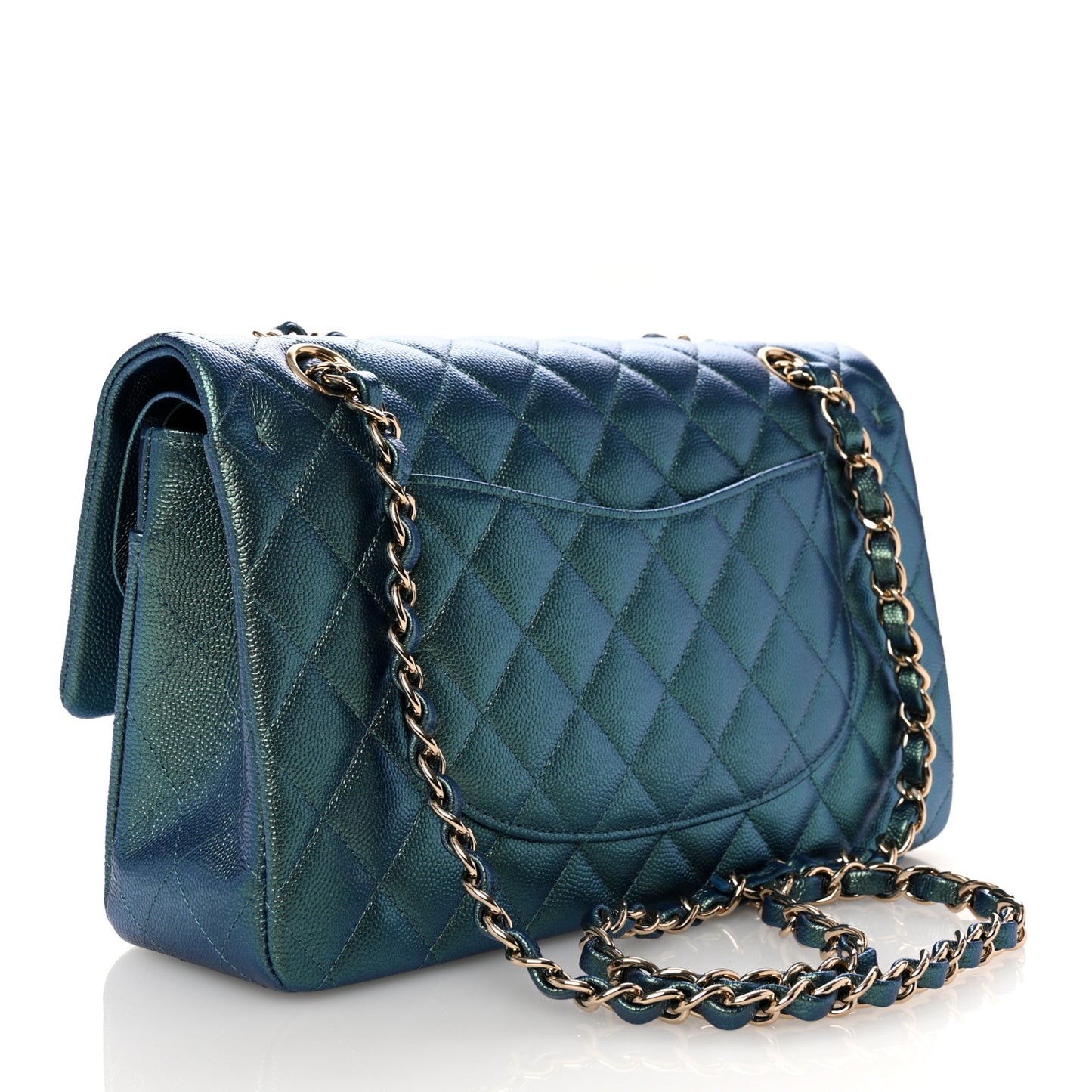 Iridescent Caviar Quilted Medium Double Flap Green