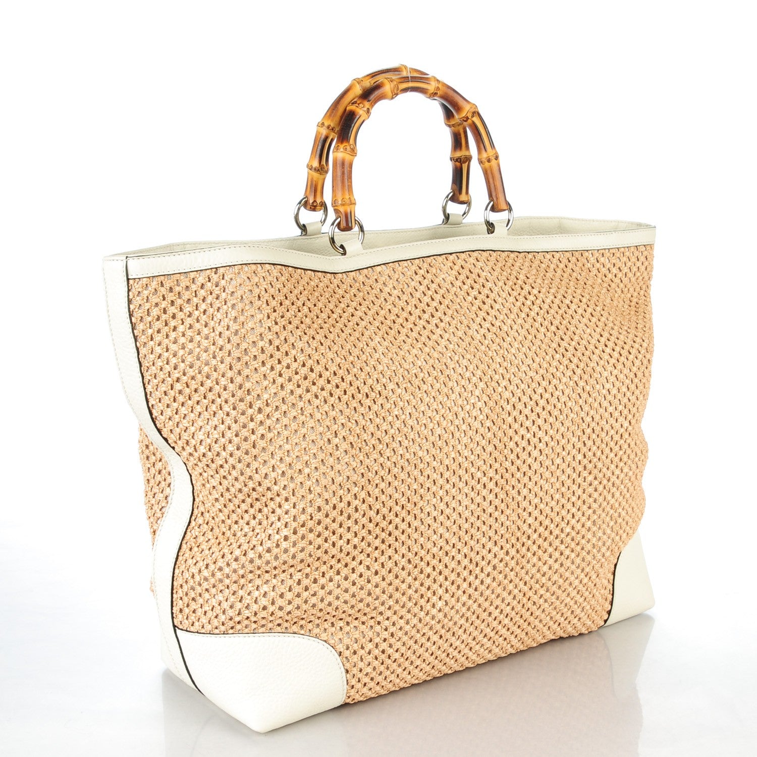 Gucci Straw Calfskin Large Bamboo Shopper Tote Natural 3 of 7