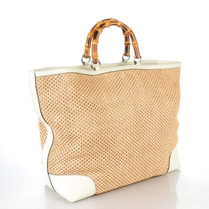 Gucci Straw Calfskin Large Bamboo Shopper Tote Natural 3 of 7