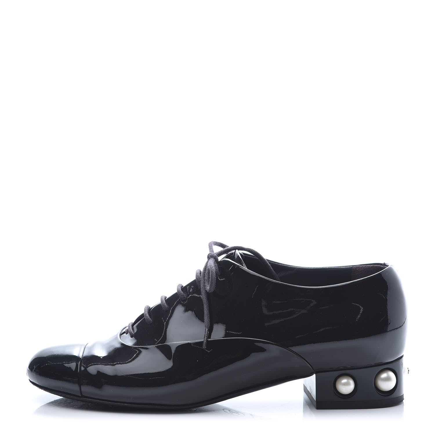 Chanel Patent Calfskin Pearl CC Lace Up Oxfords 38 Burgundy Black 1 of 10