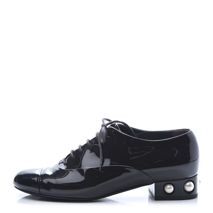 Chanel Patent Calfskin Pearl CC Lace Up Oxfords 38 Burgundy Black 1 of 10