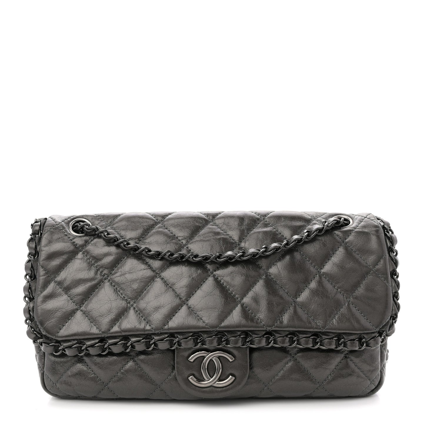 Metallic Calfskin Quilted Medium Chain Me Flap Grey