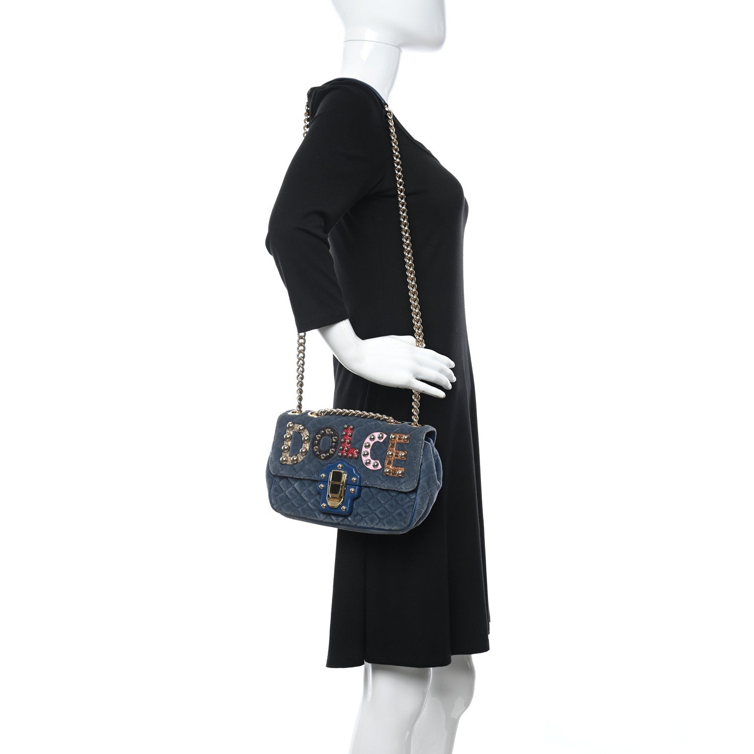 Dolce & Gabbana Velvet Watersnake Embellished Quilted Lucia Shoulder Bag Blue 2 of 11