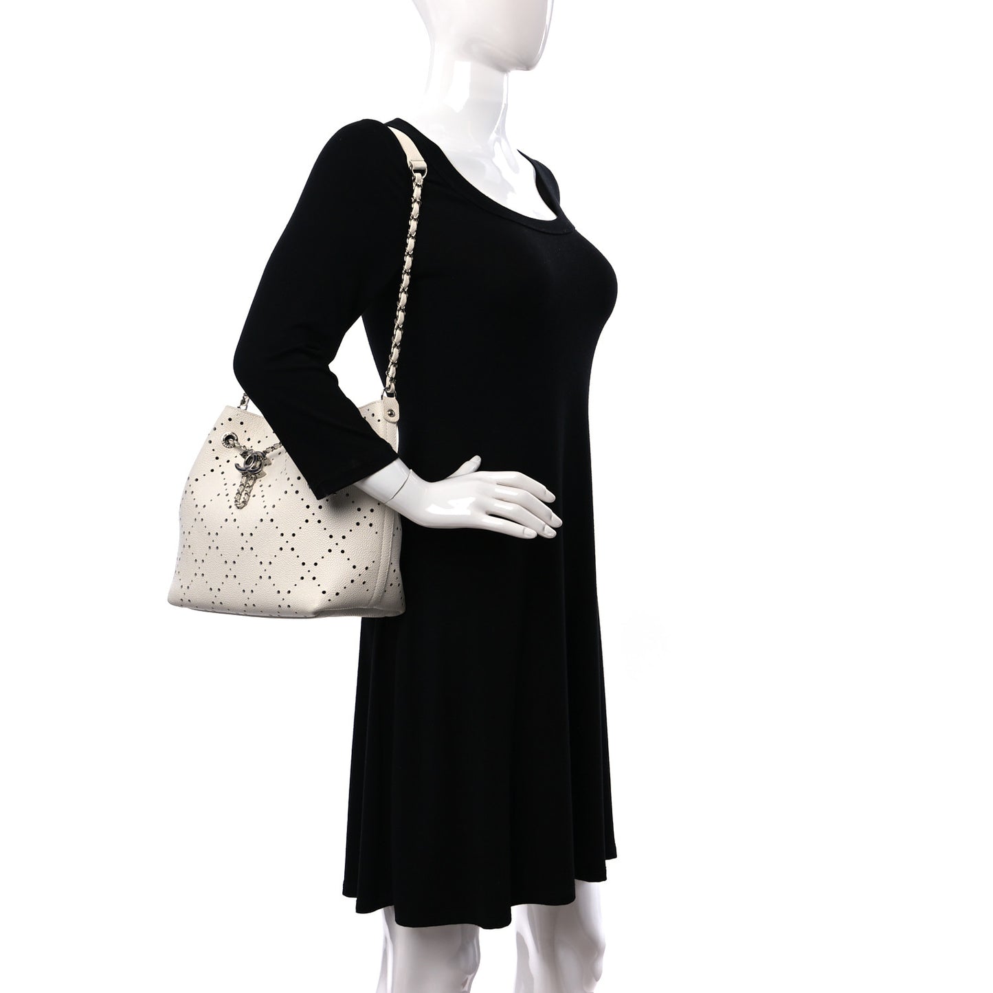 Caviar Perforated Drawstring CC Bag White