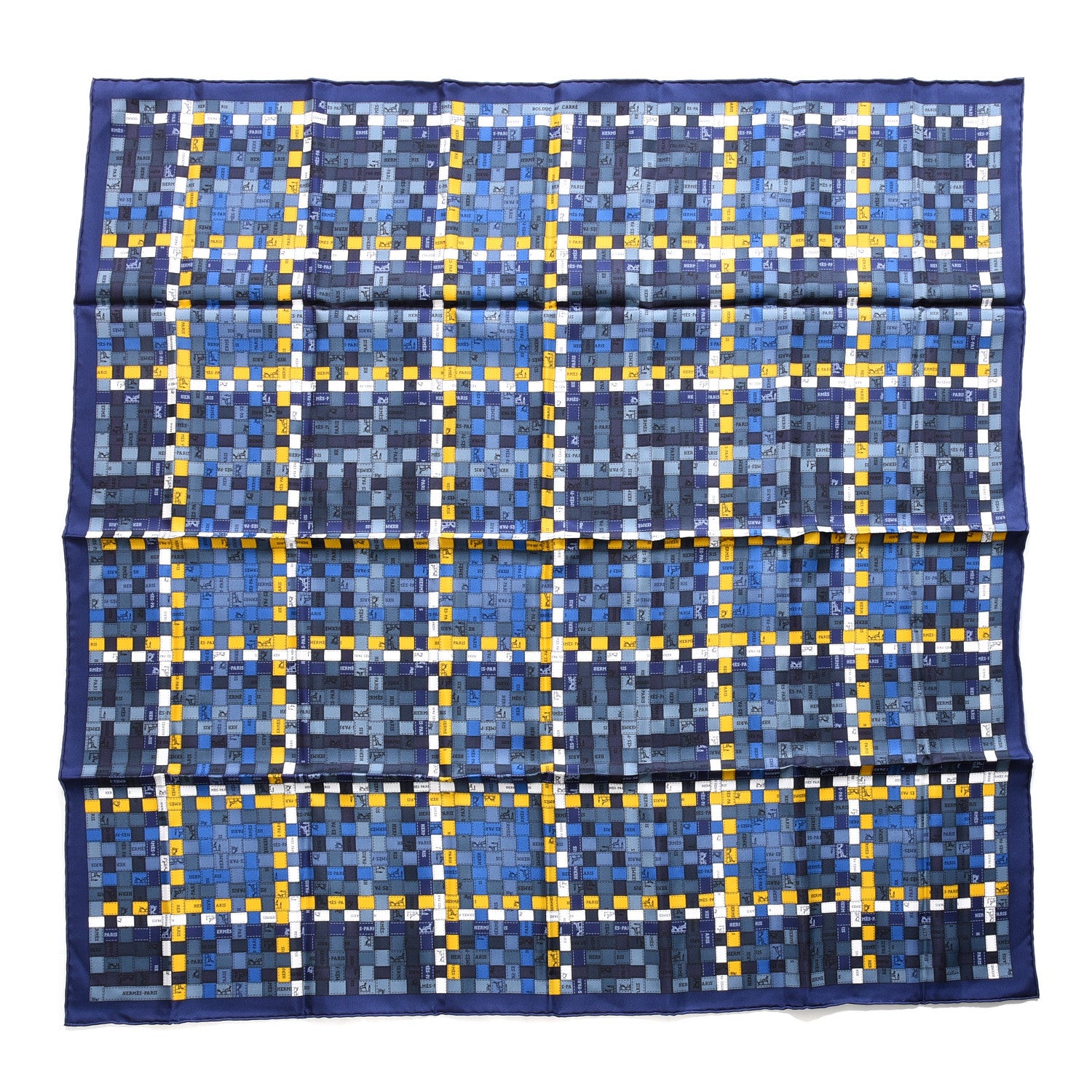 Hermes Silk Bolduc Au Carre Scarf 90 Marine Jaune Ocre 1 of 3