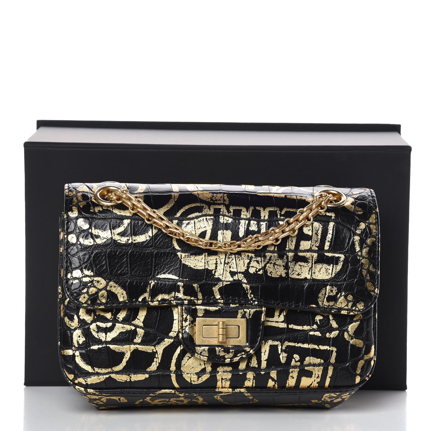 Calfskin Crocodile Embossed Graffiti 2.55 Mini Cocodile Reissue Flap Black Gold
